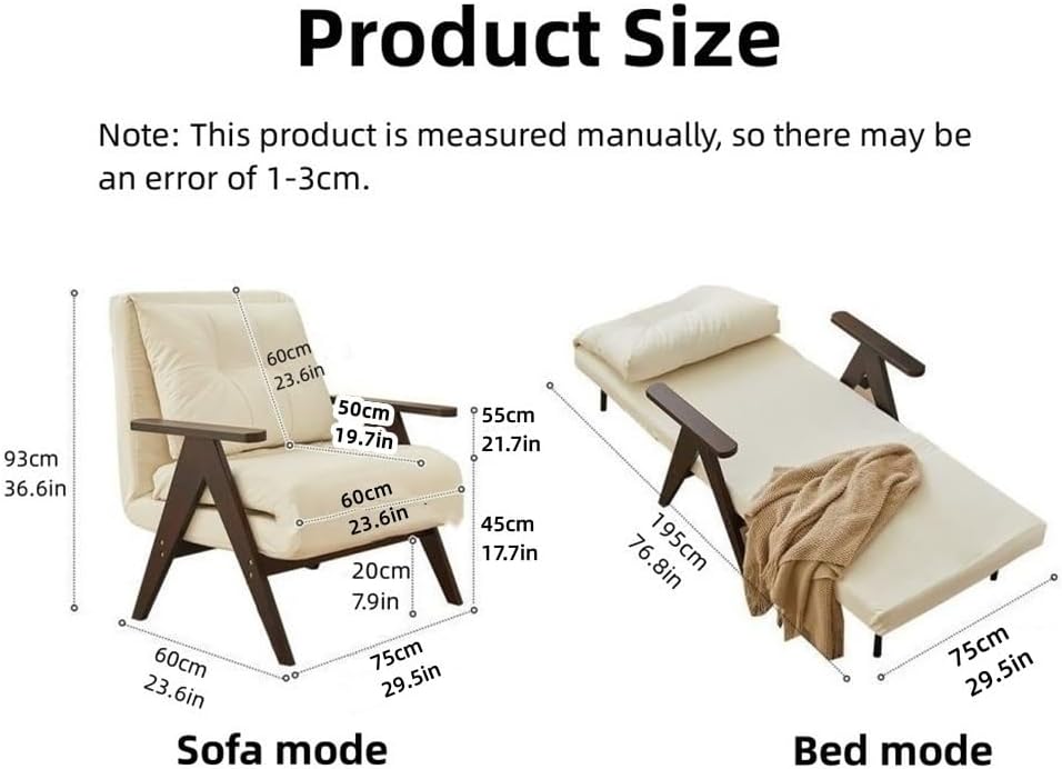 Stylish Convertible Sleeper Chair, 5-Position Adjustable Sofa Bed with Pillow, Cozy White Lounge Chair