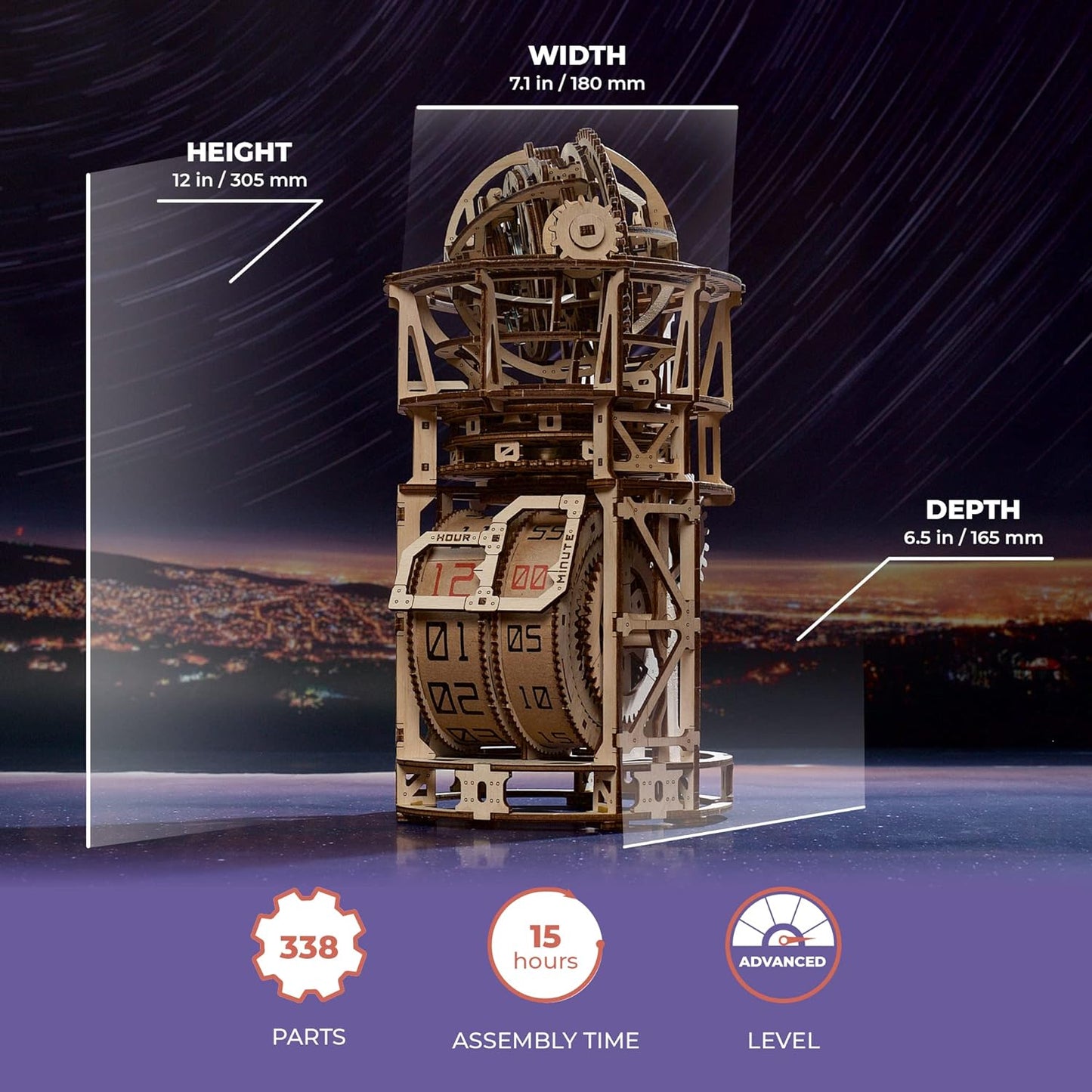 Wooden 3D Puzzle - Astronomical Table Clock with Tourbillon Kit - DIY Mechanical Clock Model - 338 Pieces